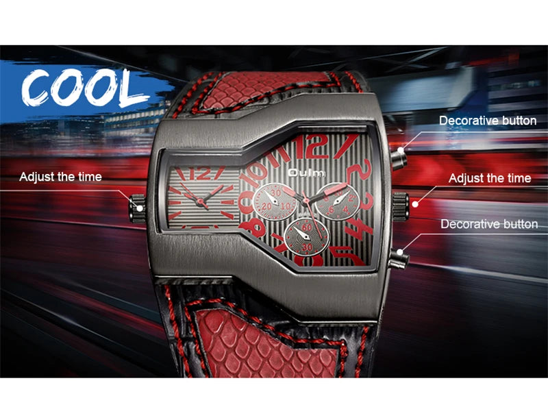 Oulm 1220 Luxury Brand Watch Retro Design Male Sport Wristwatch Leather Strap Watches Men's Two Time Zone Big Dial Quartz Clock