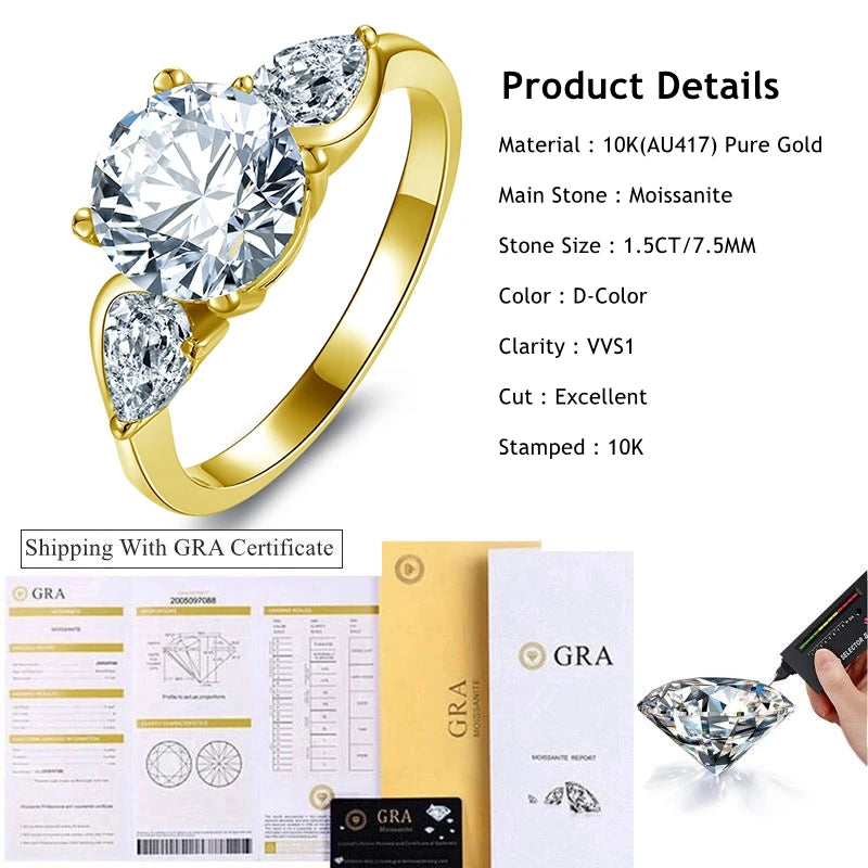 Lnngy Exquisite 7.5mm 1.5CT Moissanite Rings Certified 10K Pure Gold Three Stone Engagement Ring For Women Lab Diamond Jewelry