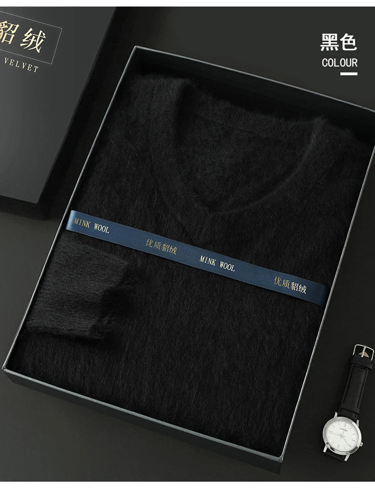 100% Pure Mink Cashmere Knitted Pullover Men's V-Neck Loose Large size Sweater Business Casual Warm Thick Bottoming Shirt Autumn