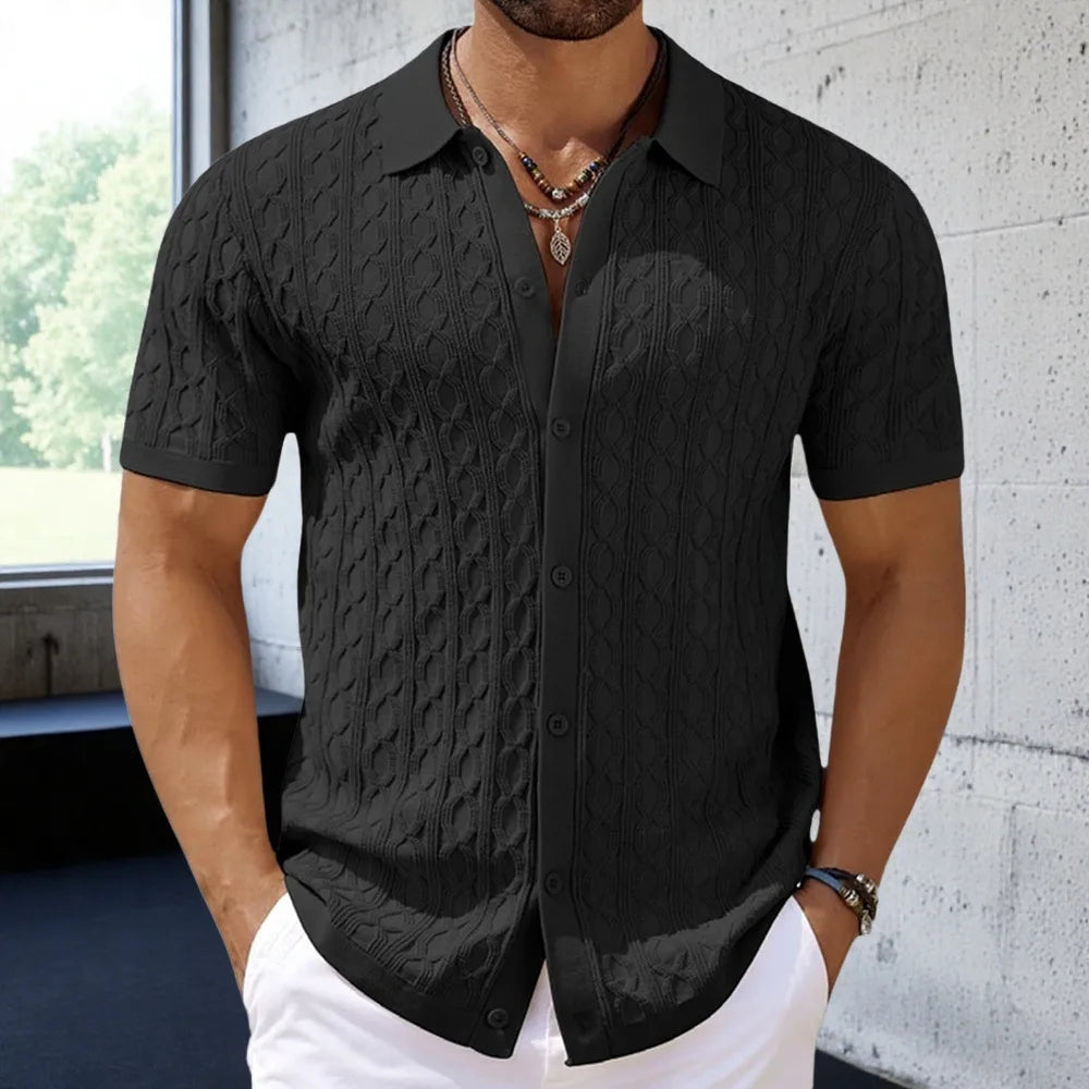 Men Solid Shirt Turn Down Collar Shirt Business Short Sleeve Blouses Knitted Single Breasted Loose Button Summer Cardigan