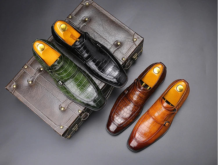 Luxury Men Dress Shoes Crocodile Grain Leather Shoes Men Buckle Casual Wedding Party Shoes High Quality Business Men Brogue Shoe