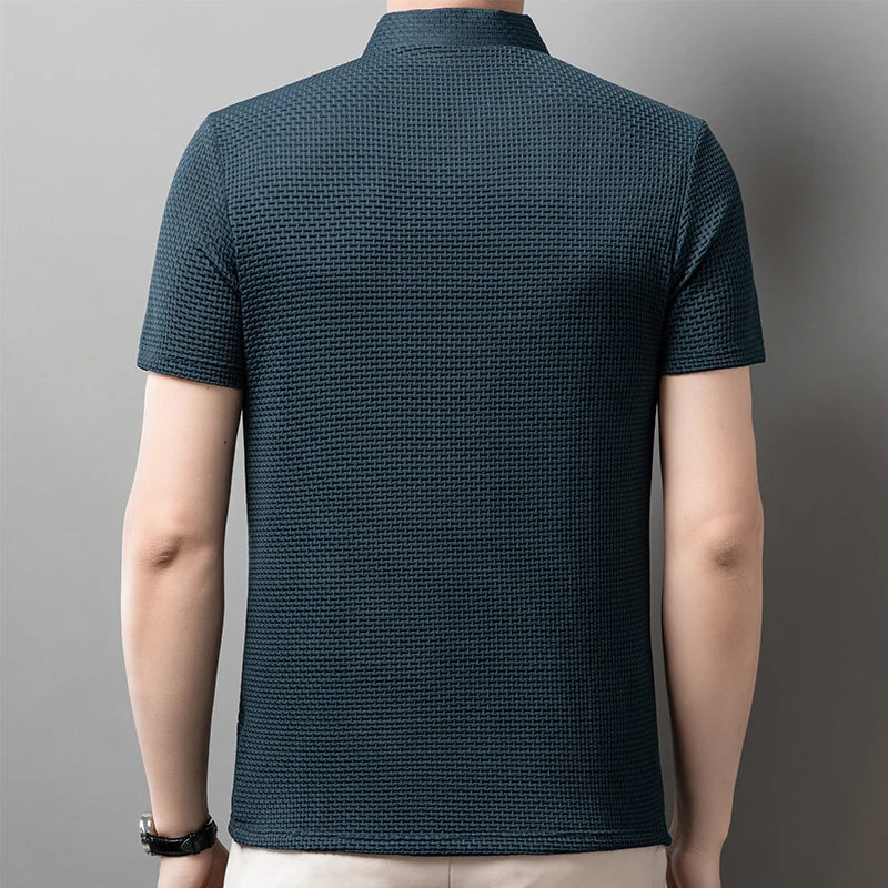 New Men's Business Casual Short Sleeved Bone Flower Solid Color POLO Shirt Fashion Breathable Comfortable Summer Versatile Top