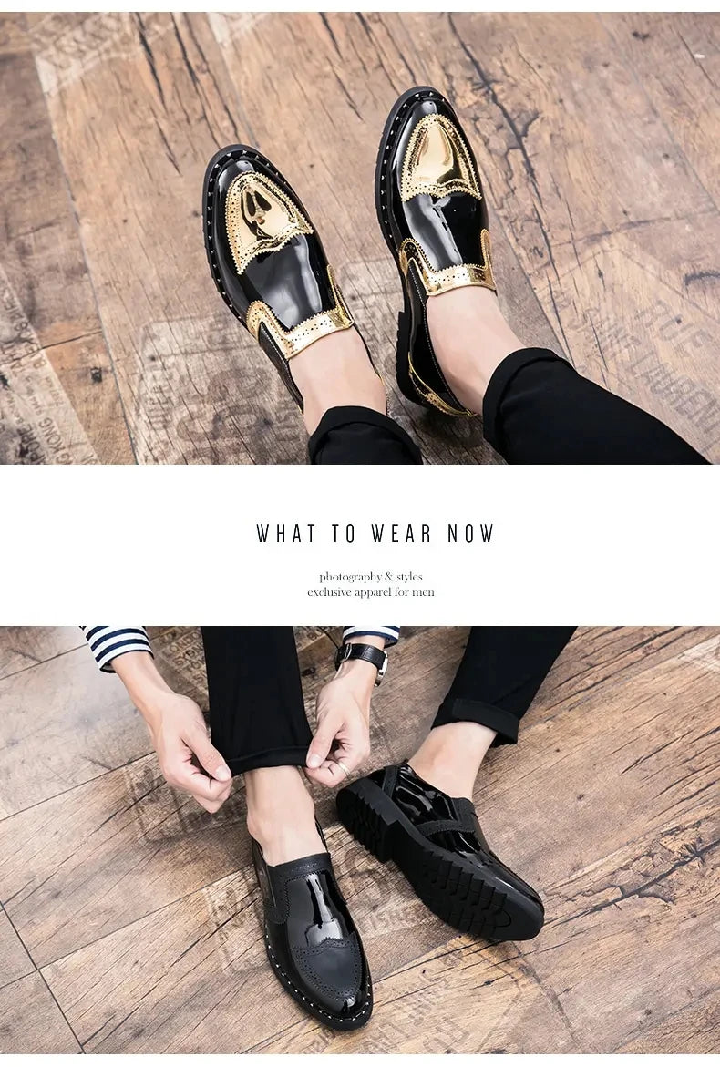 Fashionable Formal Men Shoes Lightweight Outdoor Loafers Thick Soled Wear-resistant Leather Shoes Black Gold andSilverSizes38-48