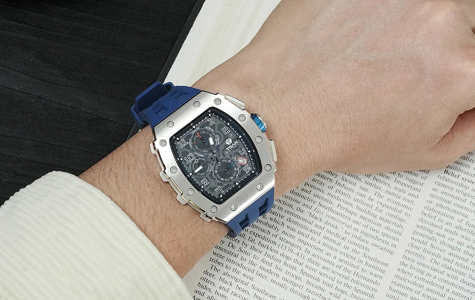 TSAR BOMBA Tonneau Watches for Men Sapphire Quartz Wristwatch Fashion Timepiece 5ATM Waterproof Clock Luxury Mens Watch