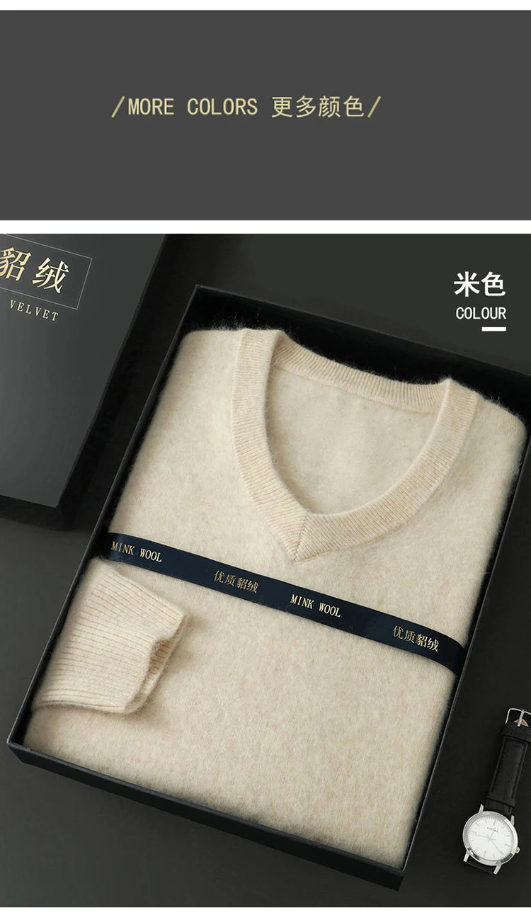 100% Pure Mink Cashmere Knitted Pullover Men's V-Neck Loose Large size Sweater Business Casual Warm Thick Bottoming Shirt Autumn