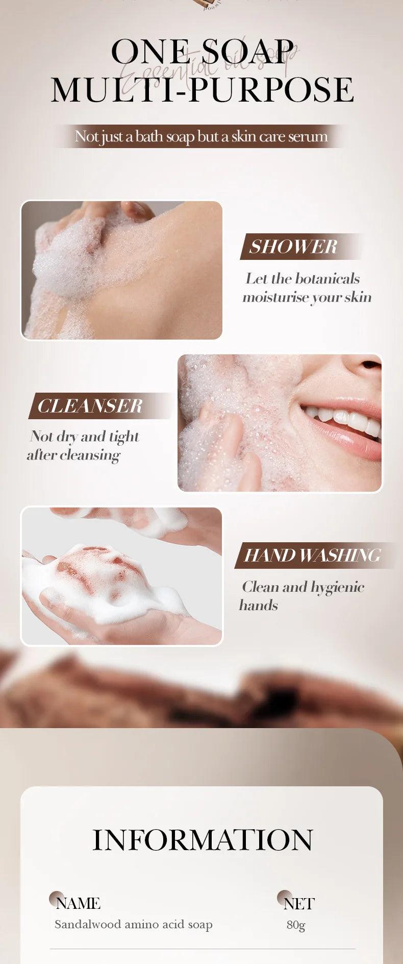 SADOER Sandalwood Essential Oil Facial Soap Face Wash Foam Facial Cleanser Moisturizing Cleaning Body Universal Handmade Soap