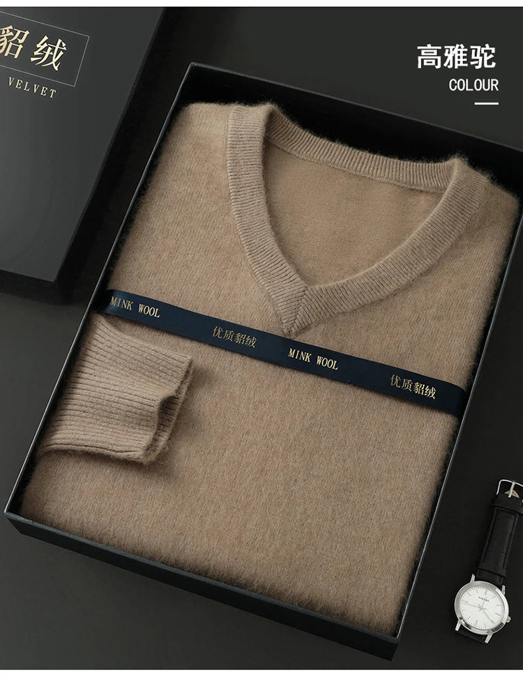 100% Pure Mink Cashmere Knitted Pullover Men's V-Neck Loose Large size Sweater Business Casual Warm Thick Bottoming Shirt Autumn
