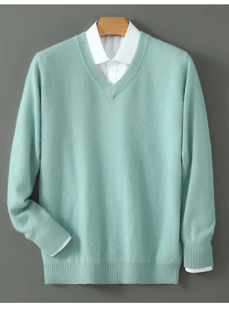 100% Pure Mink Cashmere Knitted Pullover Men's V-Neck Loose Large size Sweater Business Casual Warm Thick Bottoming Shirt Autumn
