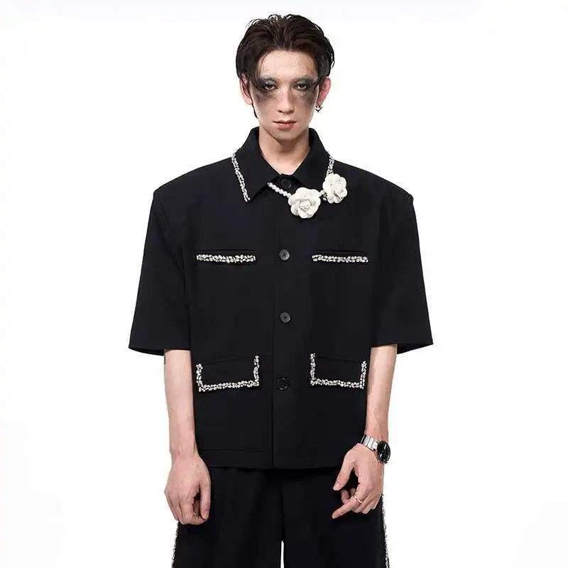 LUZHEN Luxury Elegant Diamond Patchwork Decorate Short Sleeve Big Lapel Shirts Men's 2025 Summer High Quality Casual Tops JY1575