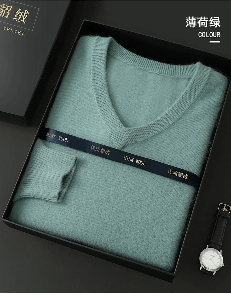 100% Pure Mink Cashmere Knitted Pullover Men's V-Neck Loose Large size Sweater Business Casual Warm Thick Bottoming Shirt Autumn