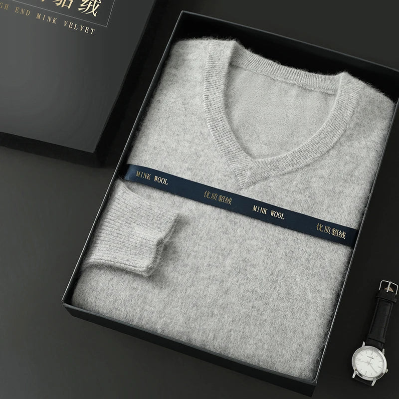 100% Pure Mink Cashmere Knitted Pullover Men's V-Neck Loose Large size Sweater Business Casual Warm Thick Bottoming Shirt Autumn