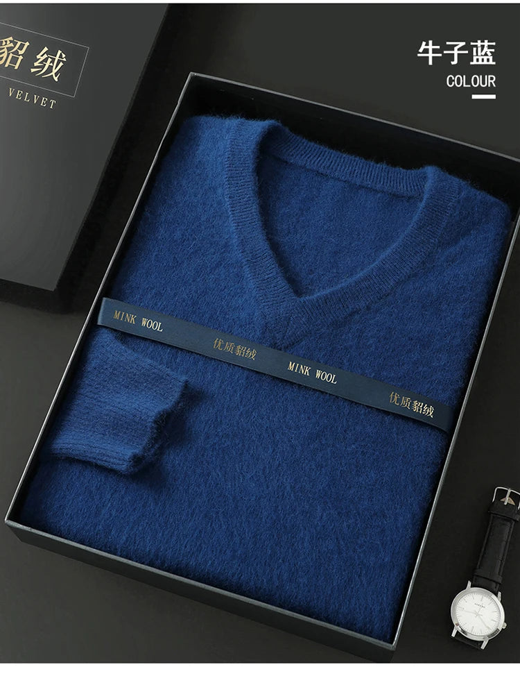 100% Pure Mink Cashmere Knitted Pullover Men's V-Neck Loose Large size Sweater Business Casual Warm Thick Bottoming Shirt Autumn