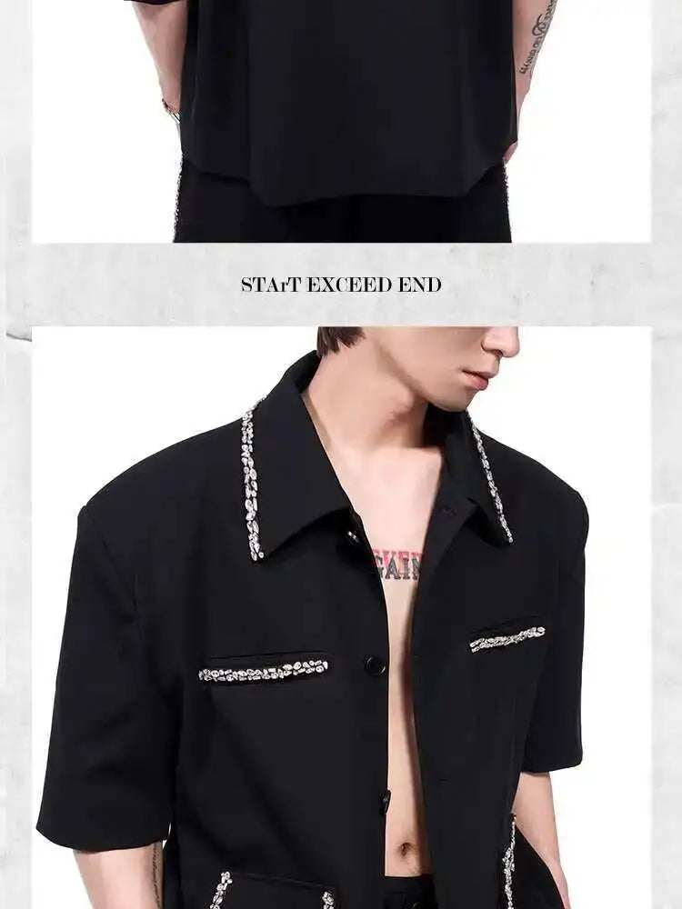LUZHEN Luxury Elegant Diamond Patchwork Decorate Short Sleeve Big Lapel Shirts Men's 2025 Summer High Quality Casual Tops JY1575