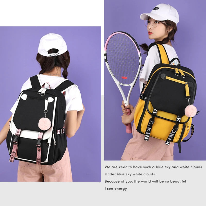 Large School Bags for Teenage Girls USB Port Canvas Schoolbag Student Book Bag Fashion Black Pink Teen School Backpack
