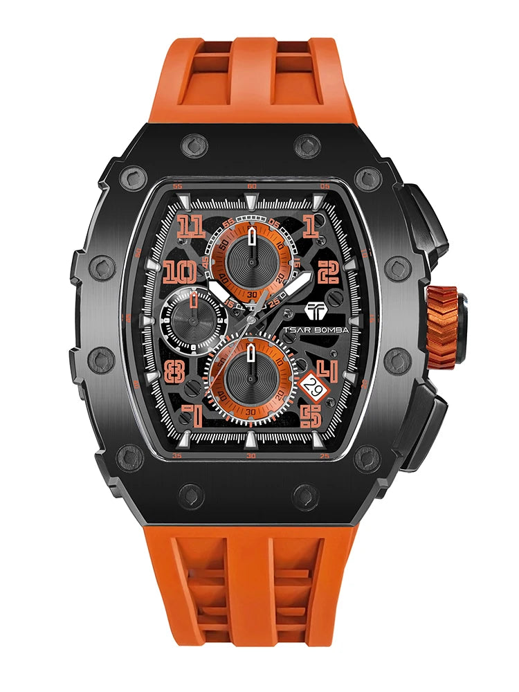 TSAR BOMBA Tonneau Watches for Men Sapphire Quartz Wristwatch Fashion Timepiece 5ATM Waterproof Clock Luxury Mens Watch