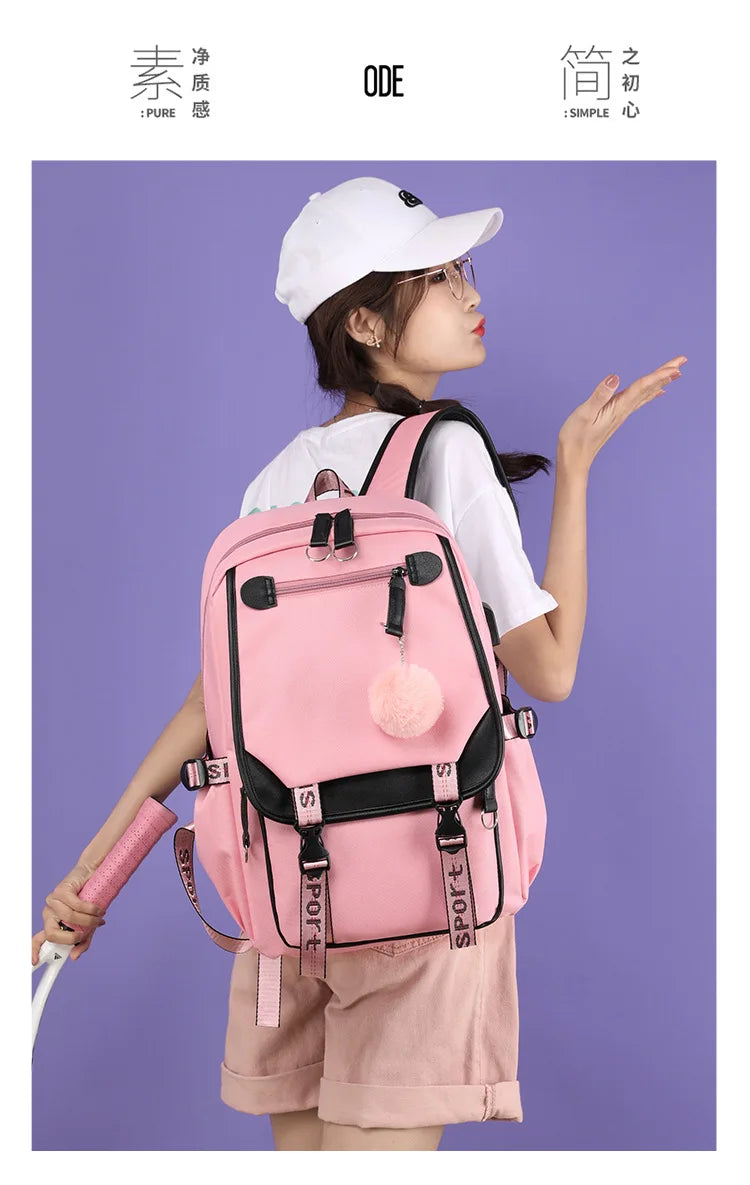 Large School Bags for Teenage Girls USB Port Canvas Schoolbag Student Book Bag Fashion Black Pink Teen School Backpack