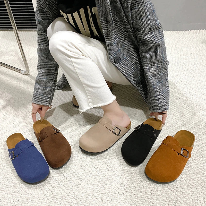 Classic Fashion Women's Suede Mules Slippers Men Clogs Cork Insole Sandals with Arch Support Outdoor Beach Slides Home Shoes