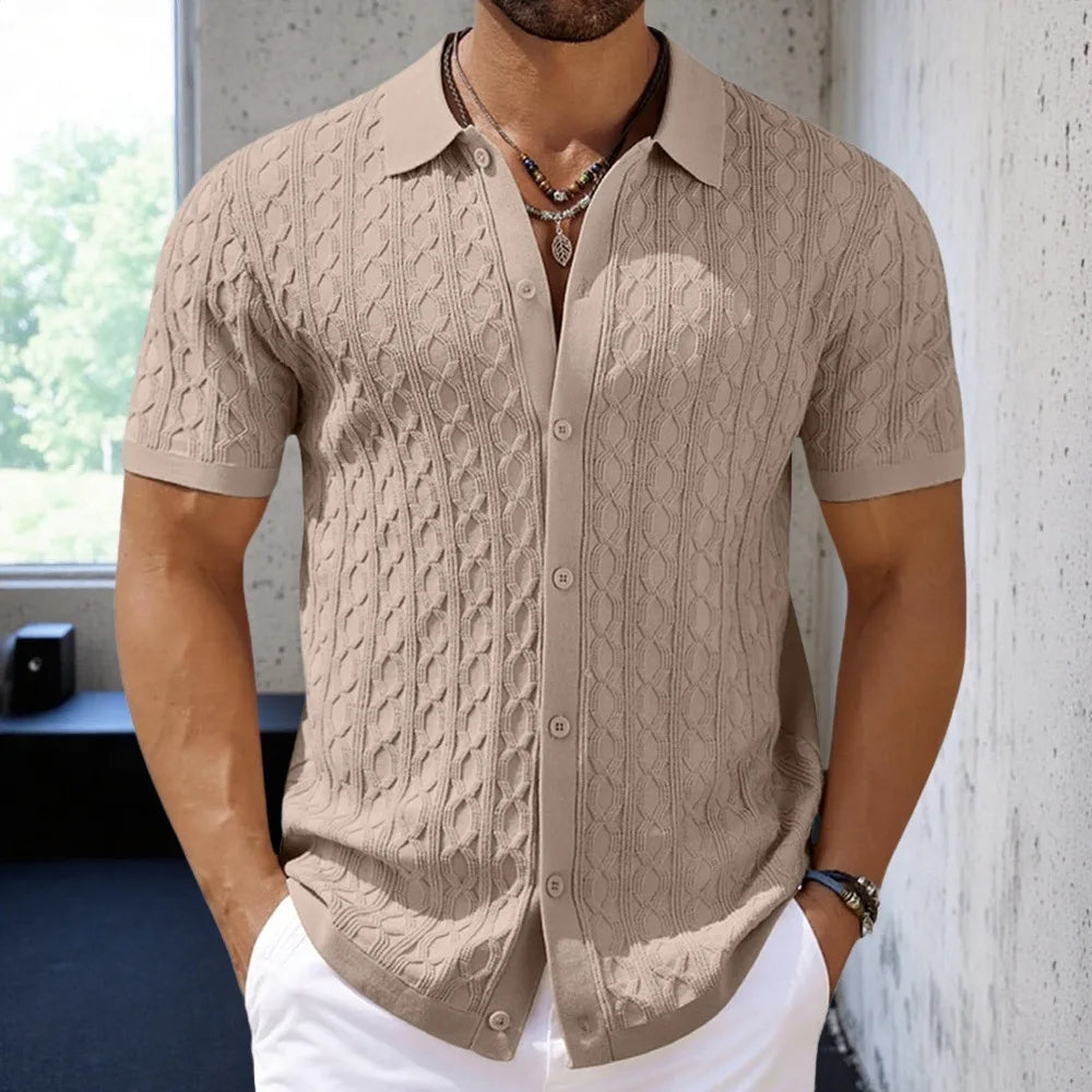 Men Solid Shirt Turn Down Collar Shirt Business Short Sleeve Blouses Knitted Single Breasted Loose Button Summer Cardigan