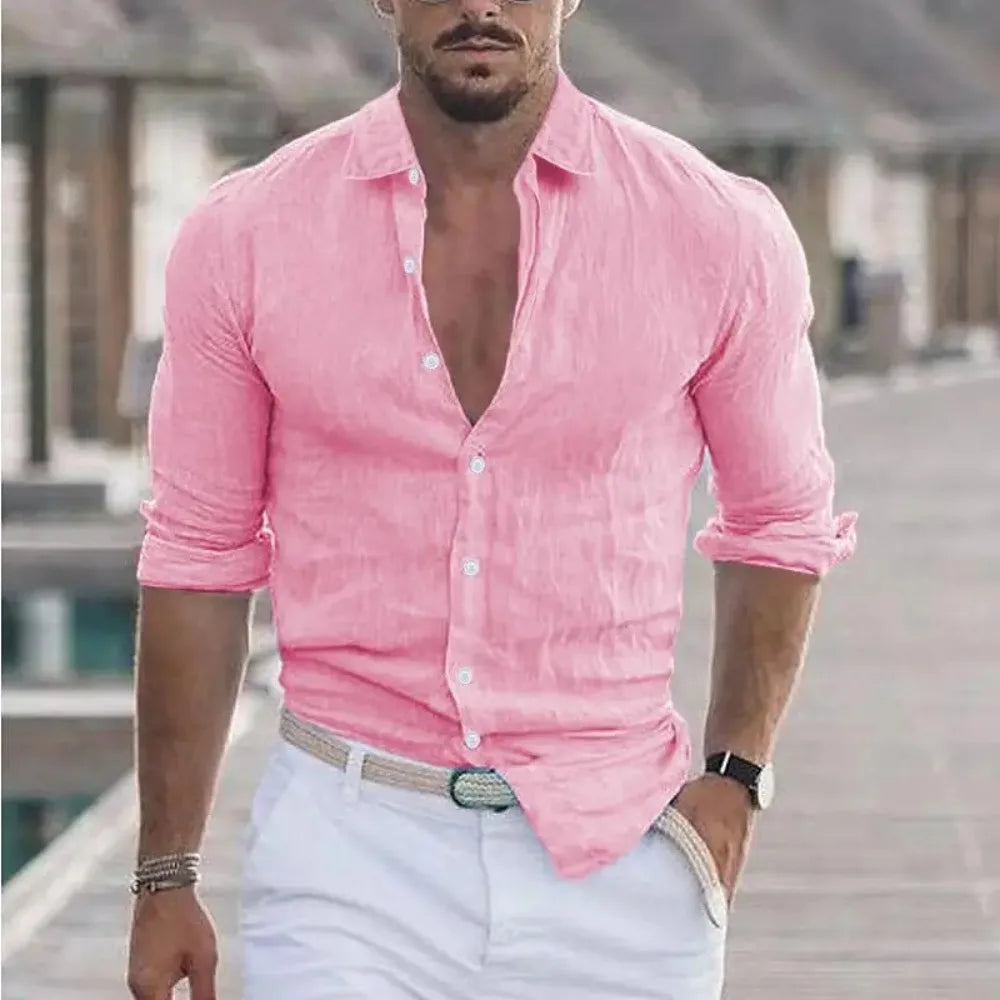 New Men's Shirt Cotton linen Casual Polo Neck Beach Shirt Long Sleeve Solid Hawaiian Holiday Shirts Streetwear