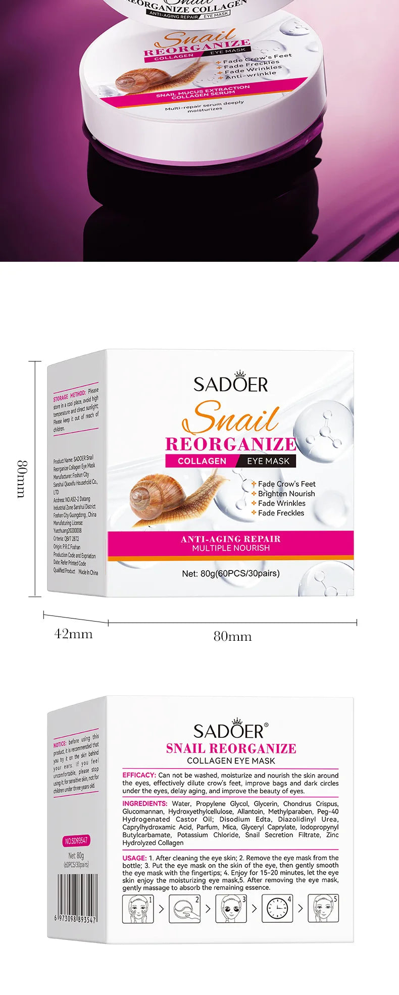60pcs SADOER Snail Collagen Eye Mask Anti Dark Circles Eyes Bags Moisturizing Firming Eye Patches Beauty Eyes Skin Care Products
