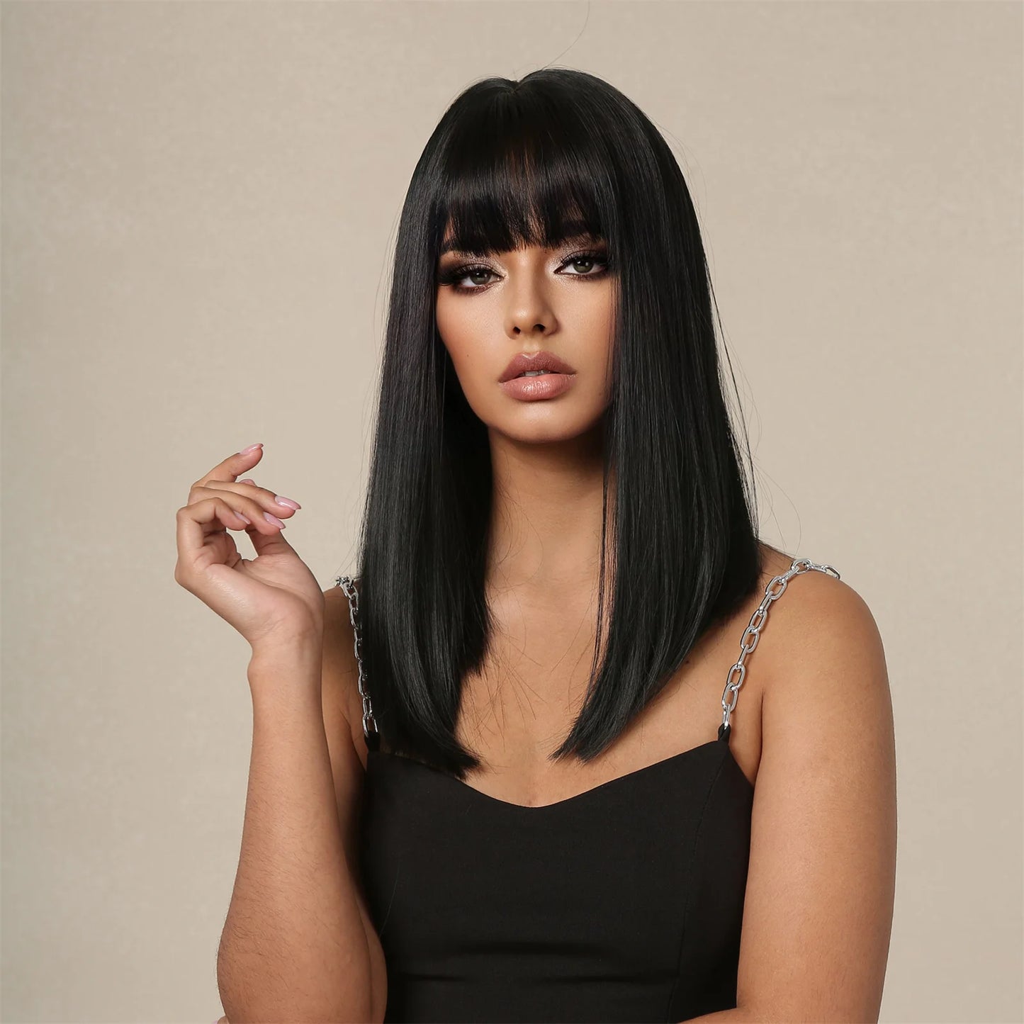 Straight Black Bob Synthetic Wig with Bangs Medium Long Cosplay Layered Wigs for Woman Natural Hair Daily Wig Heat Resistant