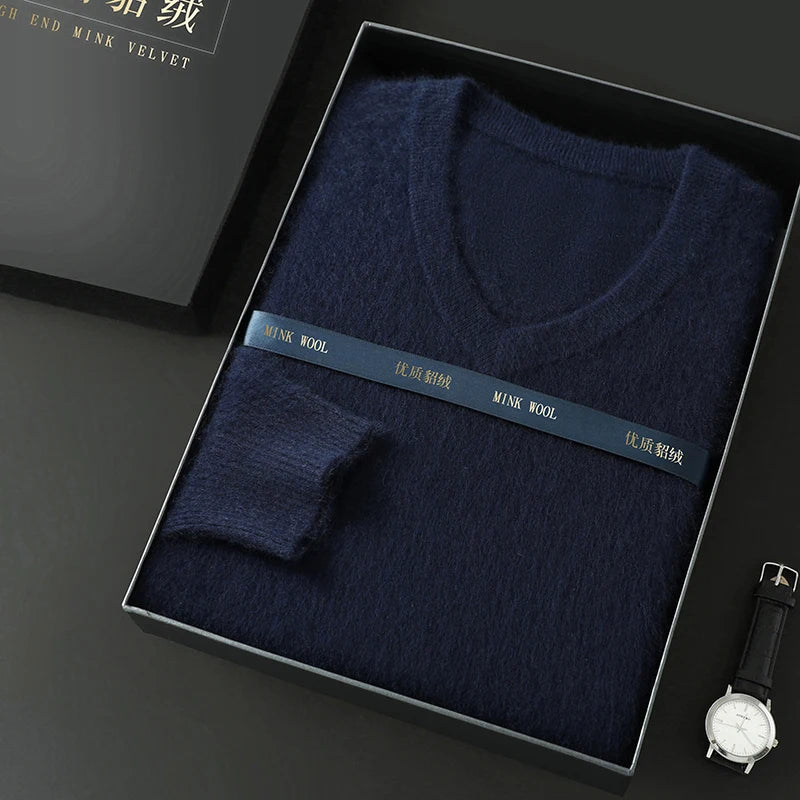 100% Pure Mink Cashmere Knitted Pullover Men's V-Neck Loose Large size Sweater Business Casual Warm Thick Bottoming Shirt Autumn