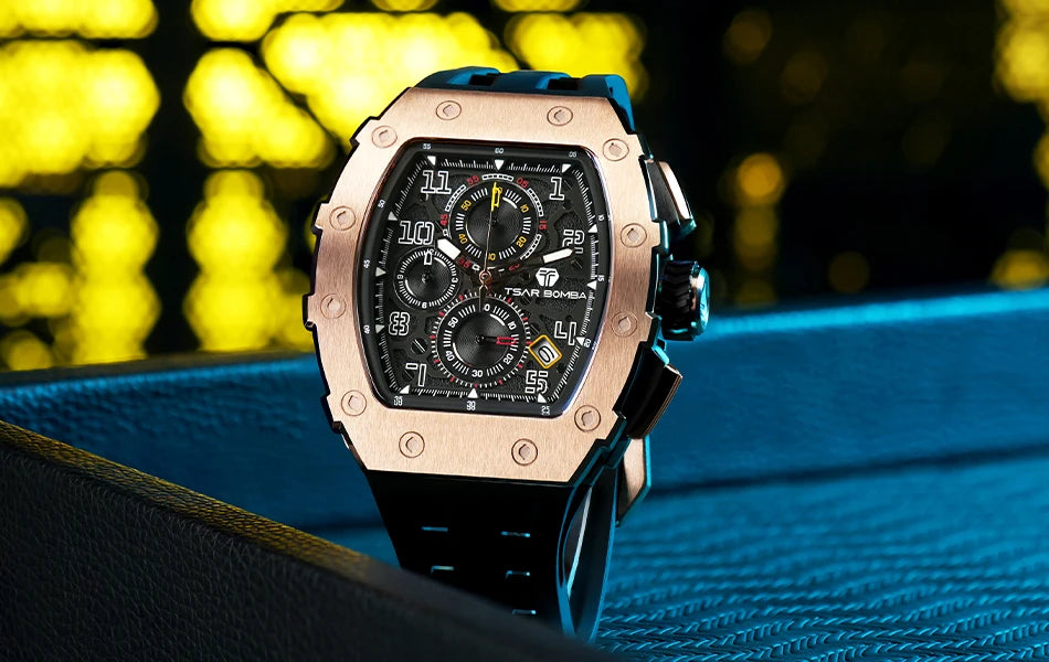 TSAR BOMBA Tonneau Watches for Men Sapphire Quartz Wristwatch Fashion Timepiece 5ATM Waterproof Clock Luxury Mens Watch