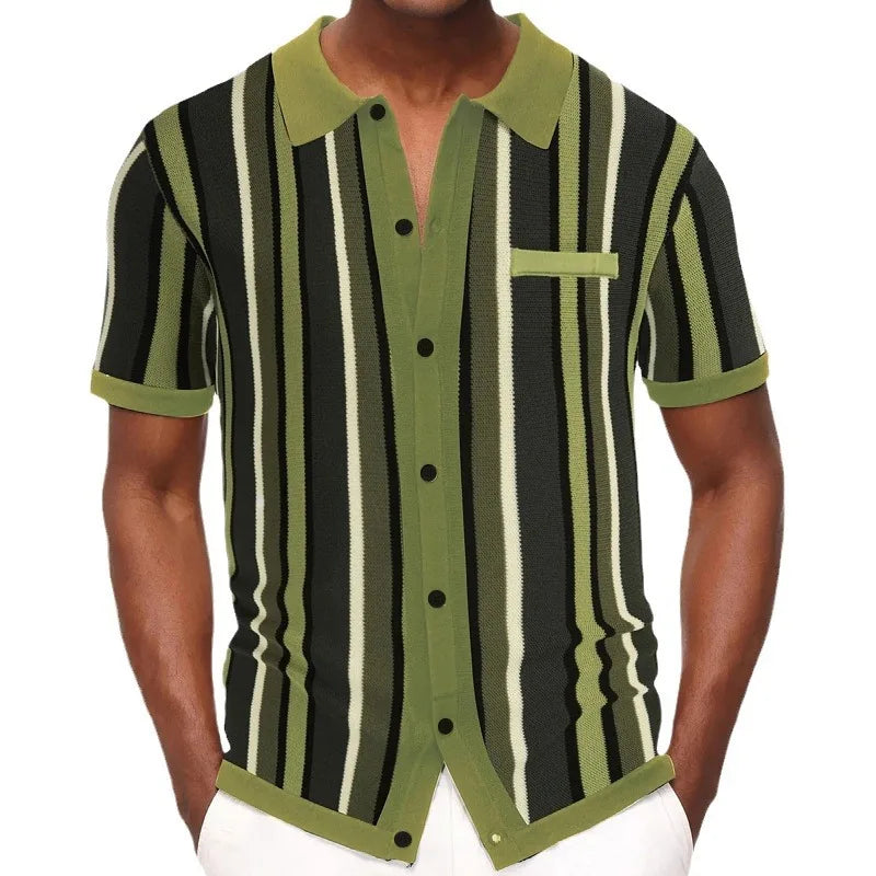 Polo Collar Striped Shirts Knitted Shirt Short Sleeve Single Breasted Casual Shirt Cardigan Loose Fit 2025 Spliced Pockets