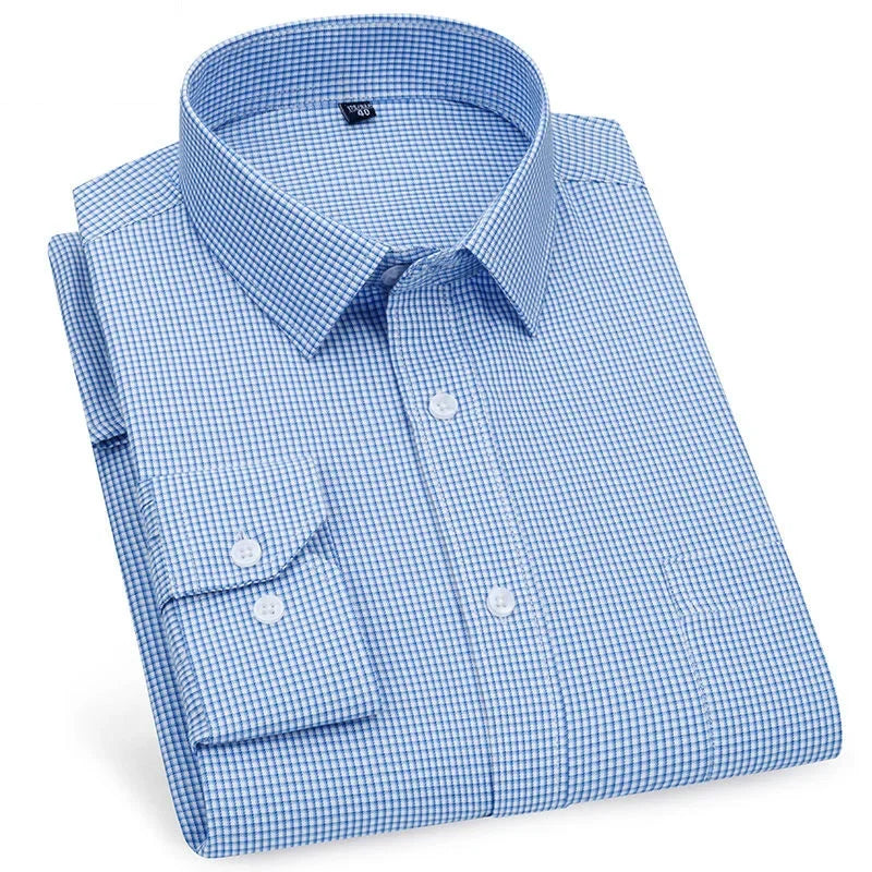 Men's Long Sleeved Shirt Business Casual Classic Plaid Striped Checked Purple Blue Male Social Dress Shirts for Man Button Shirt