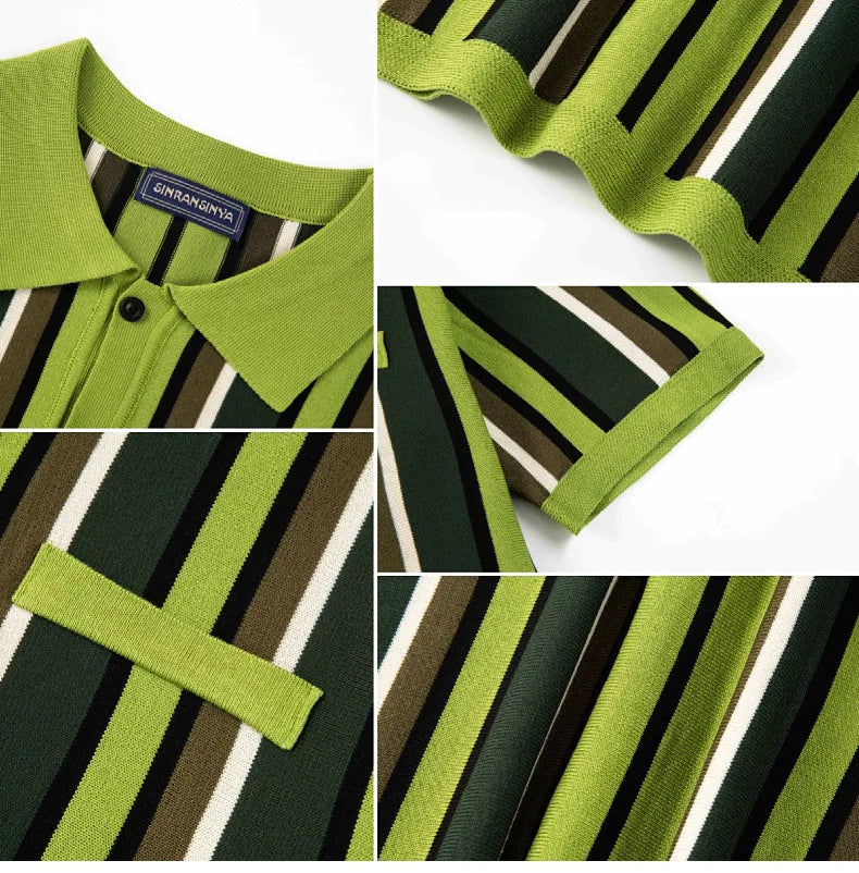 Polo Collar Striped Shirts Knitted Shirt Short Sleeve Single Breasted Casual Shirt Cardigan Loose Fit 2025 Spliced Pockets
