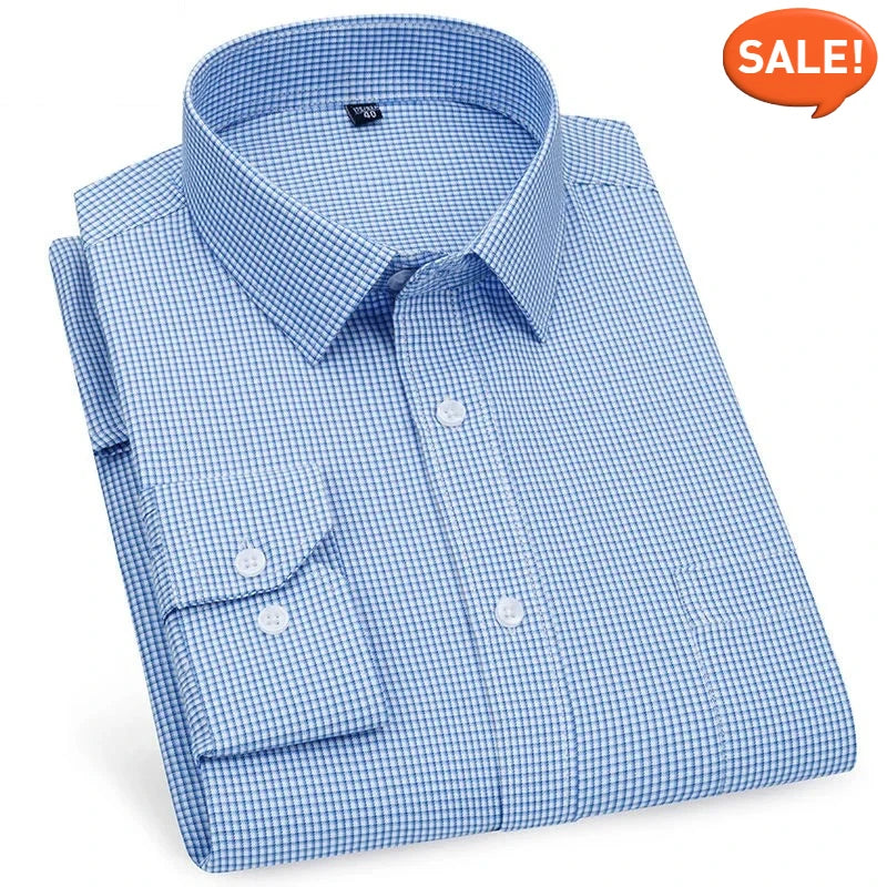 Men's Long Sleeved Shirt Business Casual Classic Plaid Striped Checked Purple Blue Male Social Dress Shirts for Man Button Shirt