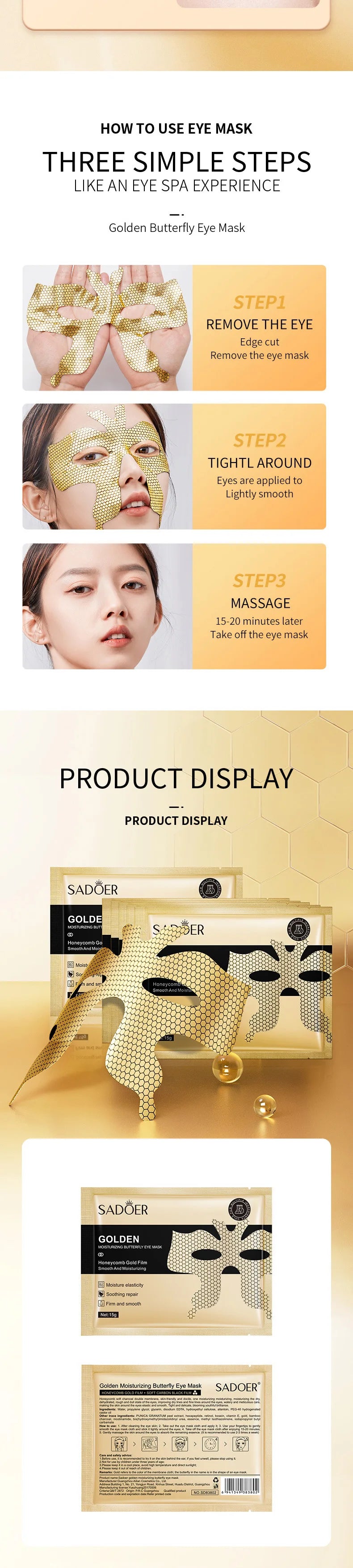 10pcs SADOER Peptide Golden Collagen Eye Mask Moisturizing Firming Smooth Anti Dark Circle Eye Pathes Eyes Masks Skin Care