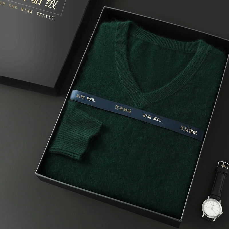 100% Pure Mink Cashmere Knitted Pullover Men's V-Neck Loose Large size Sweater Business Casual Warm Thick Bottoming Shirt Autumn