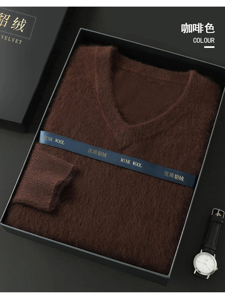 100% Pure Mink Cashmere Knitted Pullover Men's V-Neck Loose Large size Sweater Business Casual Warm Thick Bottoming Shirt Autumn