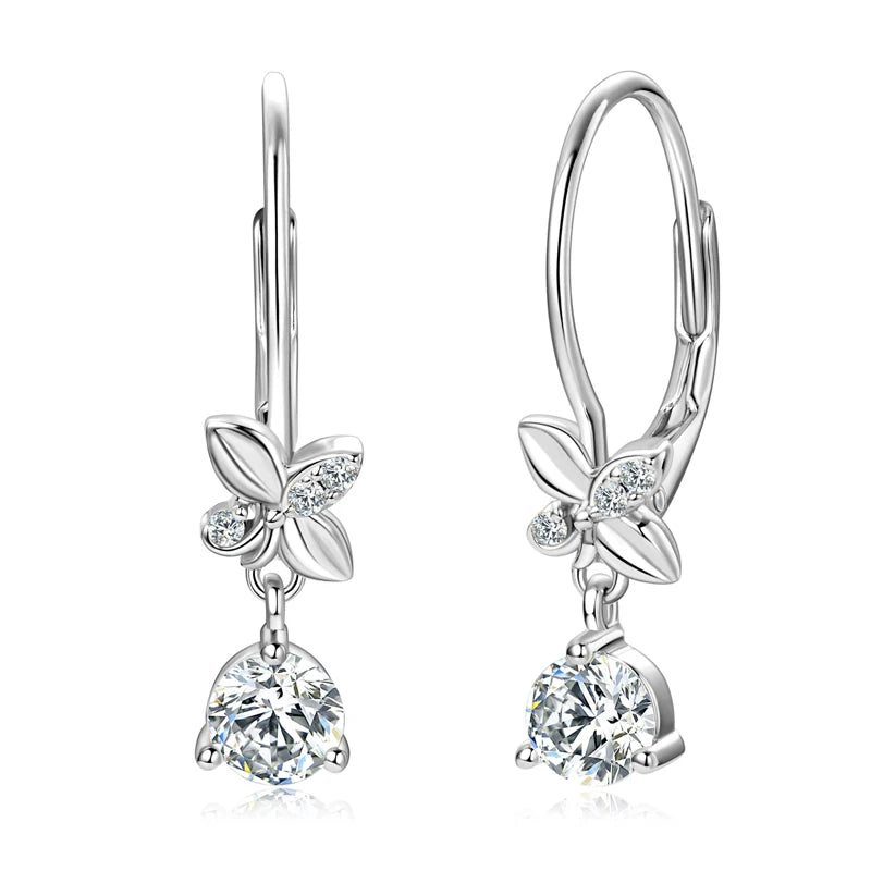 2024 Trend Real 925 Silver 5mm Round Moissanite Drop Clip Earrings for Women Four-leaf Clover Valentine Wedding Jewelry Gift