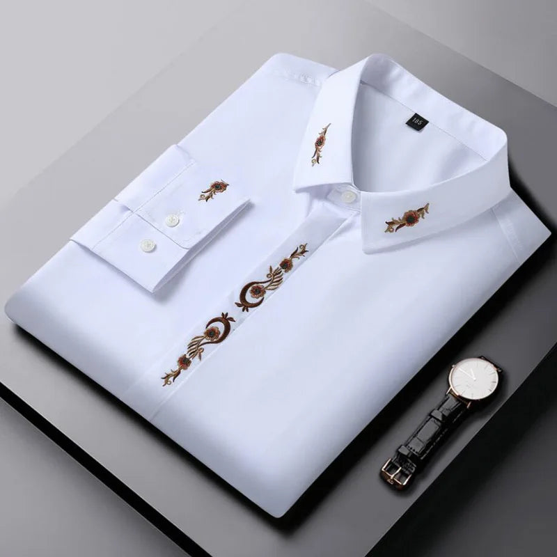 New Autumn Men's Long Sleeve Shirt Plus Size 7XL 8XL 10XL 12XL Embroidered Business Dress Loose Casual Elasticity Blouse Clothes