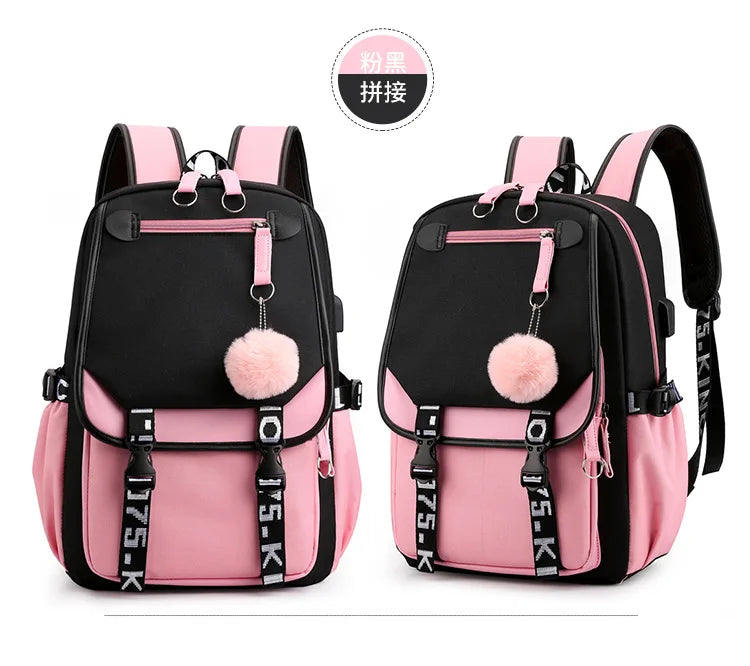Large School Bags for Teenage Girls USB Port Canvas Schoolbag Student Book Bag Fashion Black Pink Teen School Backpack