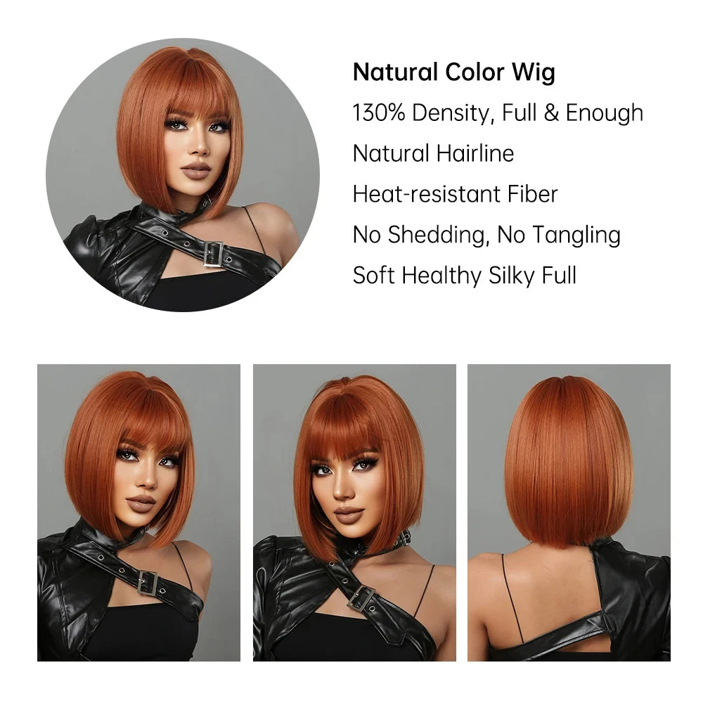 Short straight synthetic wig Ginger Brown Bob wig with straight bangs Ladies Cosplay daily natural high temperature silk wig