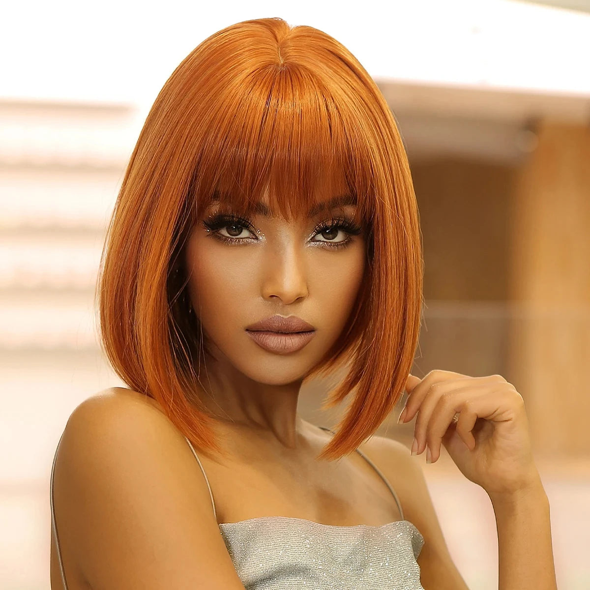 Short straight synthetic wig Ginger Brown Bob wig with straight bangs Ladies Cosplay daily natural high temperature silk wig