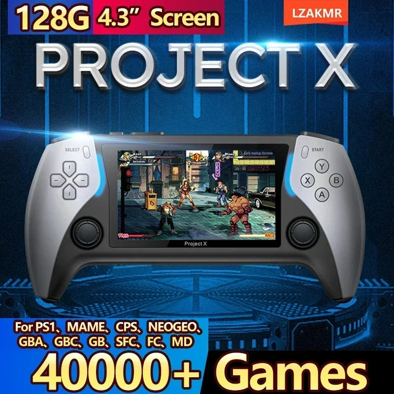 NEW Project X Portable Pocket Video Game Console 128G 40000+ Games 4.3” IPS Screen Support PS1 Retro Gaming Dual Speaker Stereo