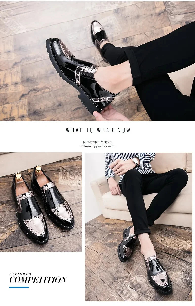Fashionable Formal Men Shoes Lightweight Outdoor Loafers Thick Soled Wear-resistant Leather Shoes Black Gold andSilverSizes38-48