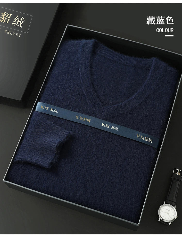 100% Pure Mink Cashmere Knitted Pullover Men's V-Neck Loose Large size Sweater Business Casual Warm Thick Bottoming Shirt Autumn