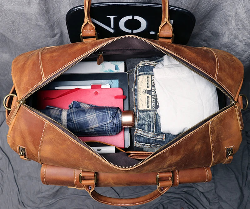 MUNUKI Vintage Crazy Horse Genuine Leather Travel bag Large Luggage bag men Leather duffle bag Large Weekend Bag Tote Big