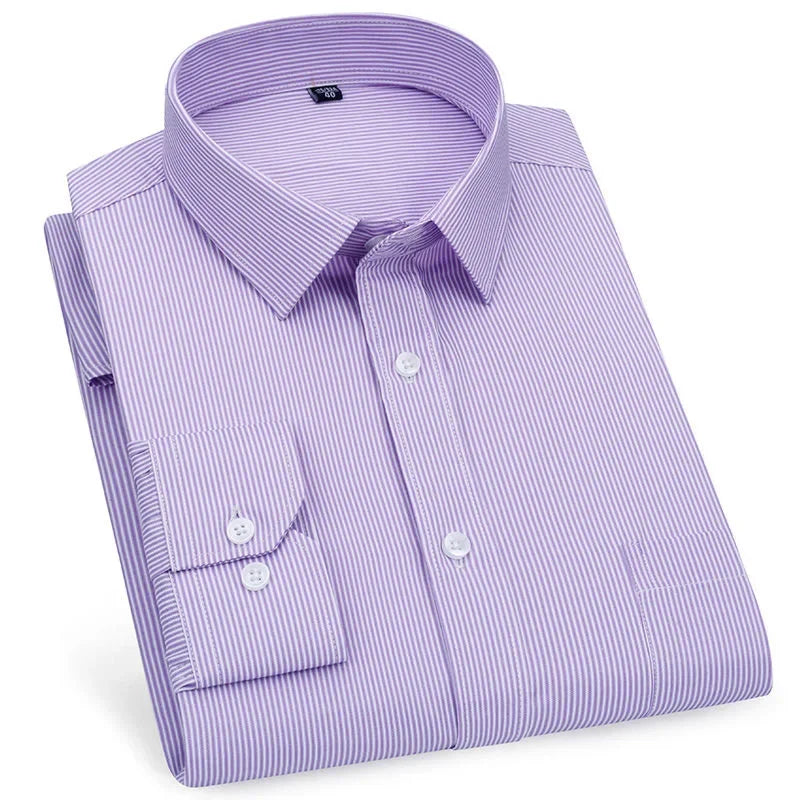 Men's Long Sleeved Shirt Business Casual Classic Plaid Striped Checked Purple Blue Male Social Dress Shirts for Man Button Shirt