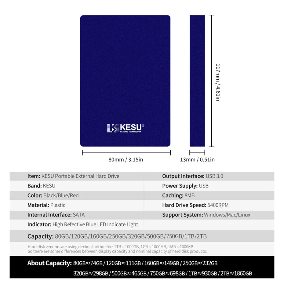 KESU HDD 2.5" Portable External Hard Drive 2tb/1tb/500gb/750gb USB3.0 disk memory for PC tablets PS4 notebook Desktop Computer