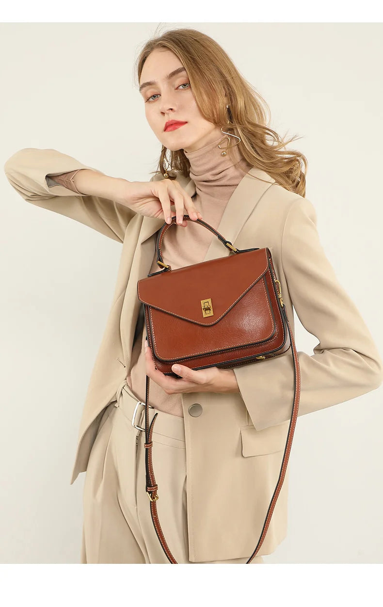 Genuine Leather Women luxury bag high quality Simple vintage Fashion Postman handbags ladies 2025 shoulder green small bag