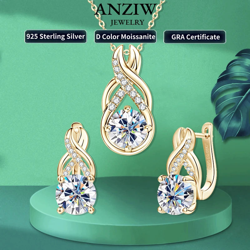 Anziw 8mm 2.0CT D Moissanite Jewelry Sets 925 Sterling Silver Luxury Infinity Necklace Earrings for Women Wedding Party Jewelry