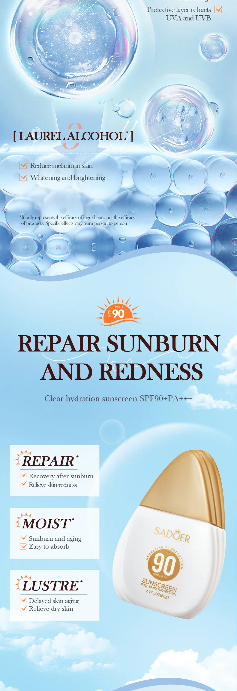 SADOER Spf 90+ Sunscreen for Face Body Sun Block Creams Solar Blocker Refreshing Non Greasy UV Resistant Facial Sunscreen