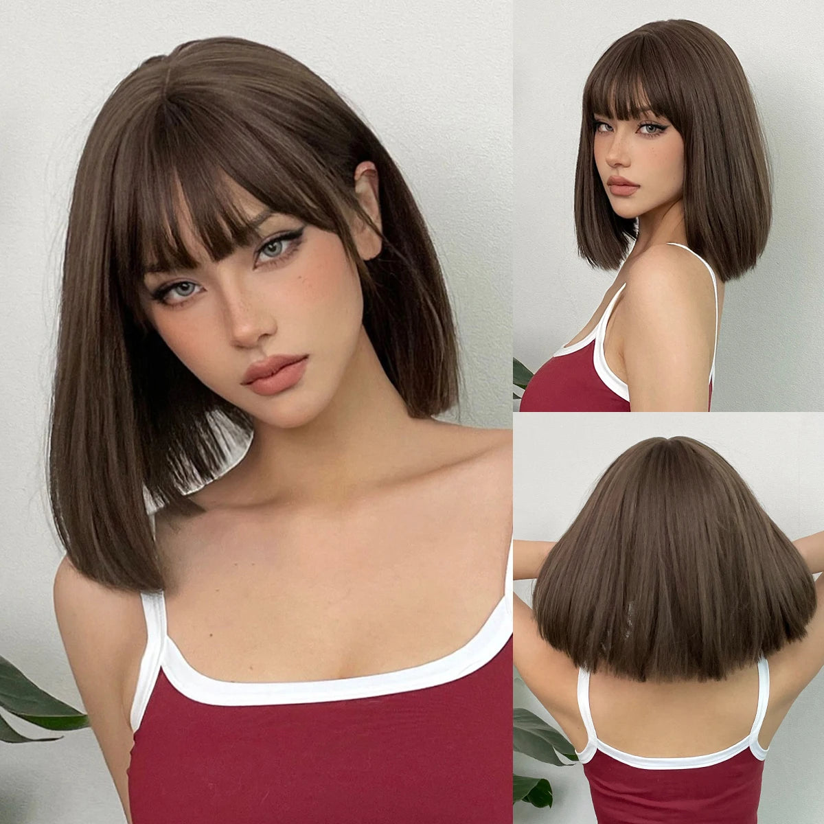 Short Black Brown Synthetic Natural Hair Wigs for Women Bob Straight Wig with Bangs High Temperature Daily Cosplay Party Wigs
