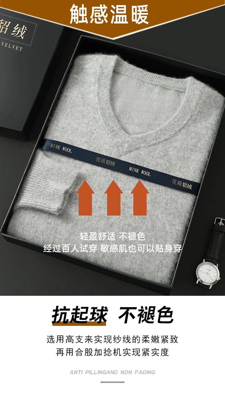 100% Pure Mink Cashmere Knitted Pullover Men's V-Neck Loose Large size Sweater Business Casual Warm Thick Bottoming Shirt Autumn
